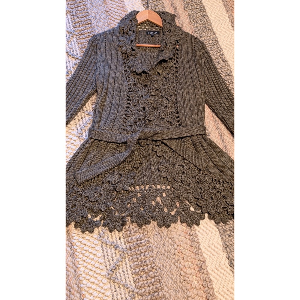KESSLEY Brown Ribbed Knit Crochet Lace Trim Belted Cardigan Sweater S/M boho - Picture 7 of 9